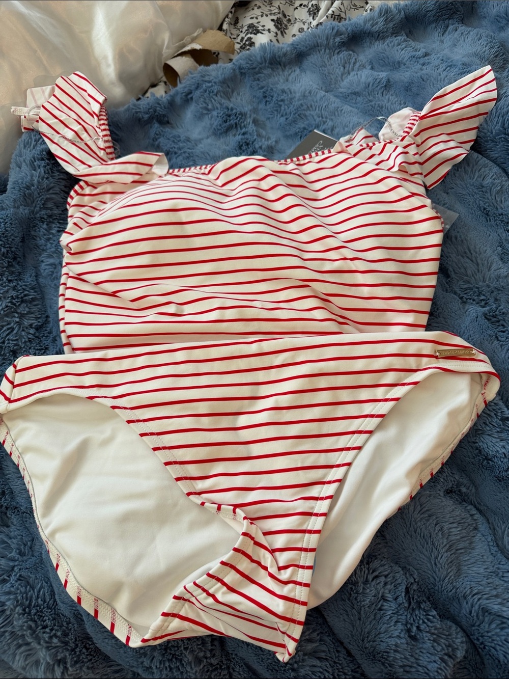 Vince Camuto Red and White Striped Bikini Bottom with Logo Plate